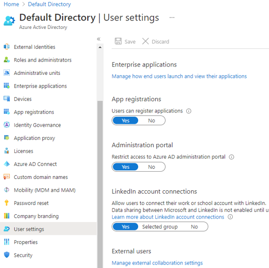 Screenshot of the User settings screen in Microsoft Entra ID. Use it to configure what users can do.