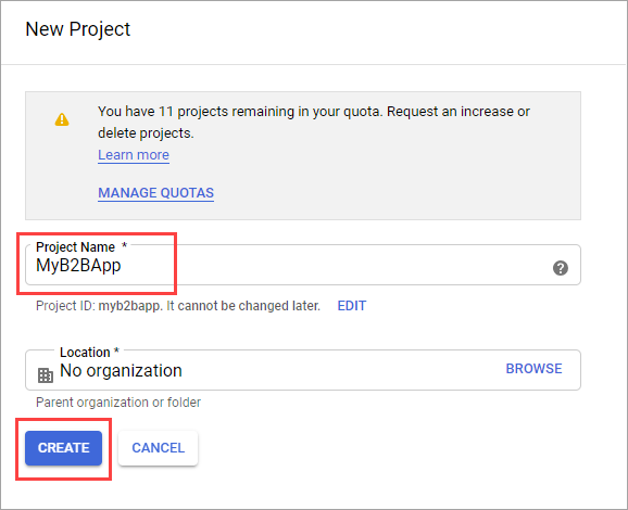 Screenshot of the New Project page within the Google developers page.