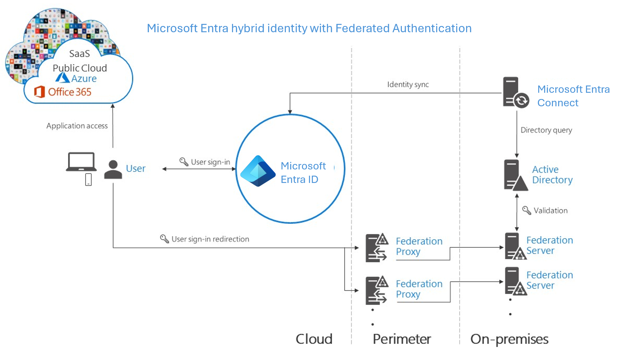 Cattura di schermata dell'identità ibrida di Microsoft Entra con l'autenticazione federata selezionata.