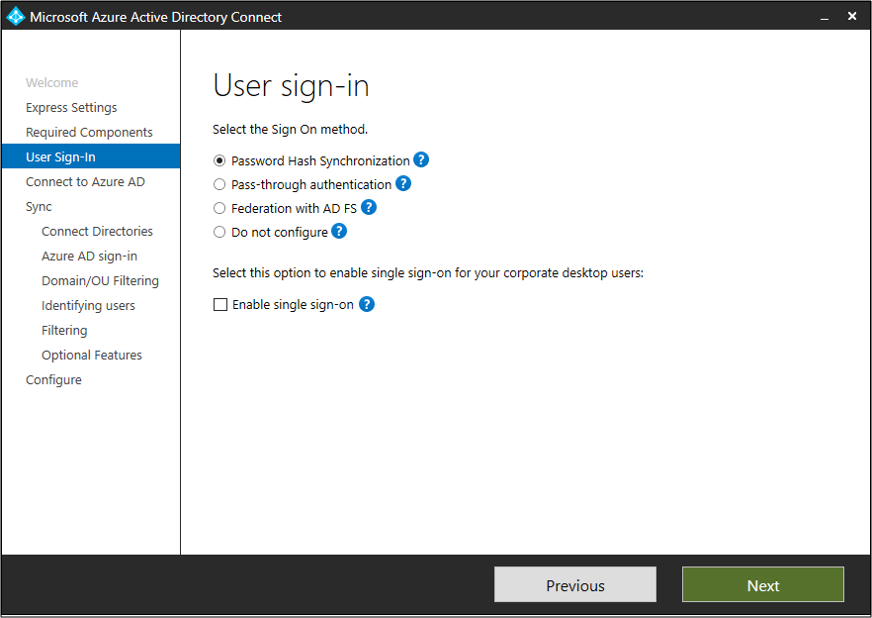 Screenshot di Microsoft Entra Connect con l'opzione Sincronizzazione dell'hash delle password selezionata.
