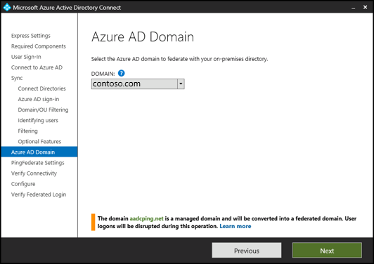 Screenshot dell'interfaccia di Microsoft Entra Connect che mostra il dominio con cui si vuole creare una federazione.