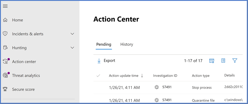 Screenshot of the Microsoft Defender XDR Action center.
