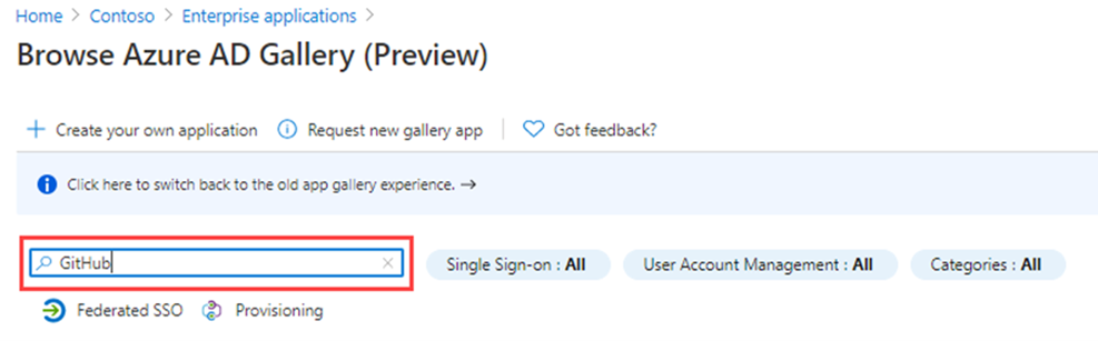 Screenshot of the browse Microsoft Entra ID Gallery screen with the search box highlighted.