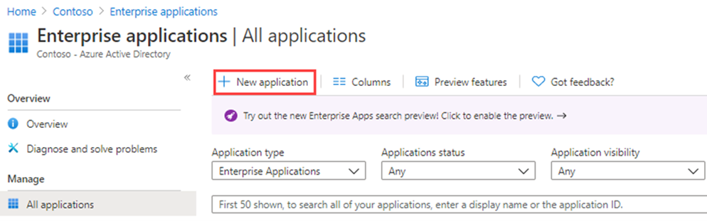 Screenshot of the Enterprise applications screen with New application highlighted.