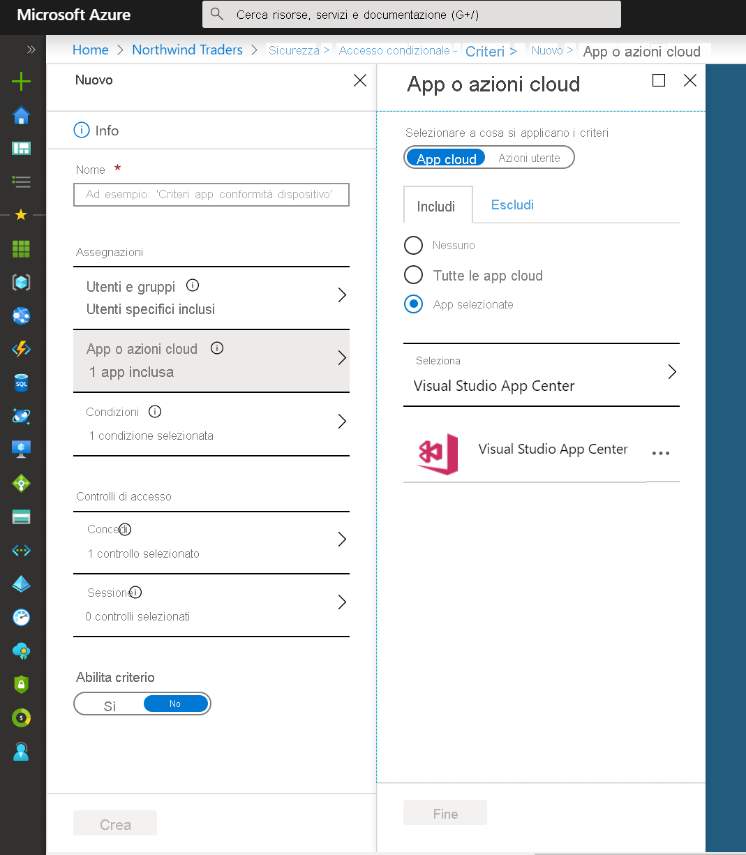 Screenshot dell'accesso condizionale Microsoft Entra: Pagina delle azioni o app cloud per la configurazione.
