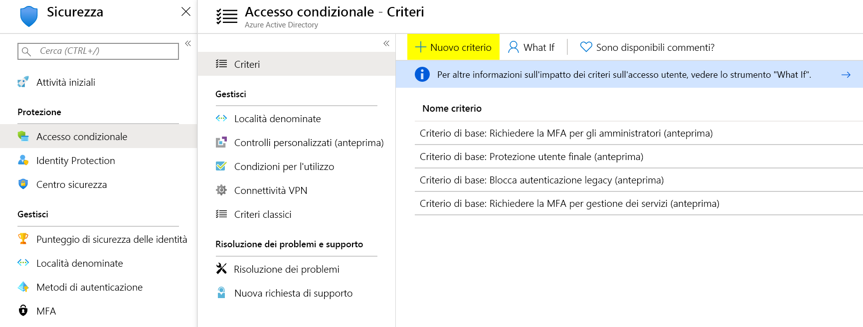 Screenshot della schermata Accesso condizionale di Microsoft Entra con un elenco dei criteri attualmente esistenti.