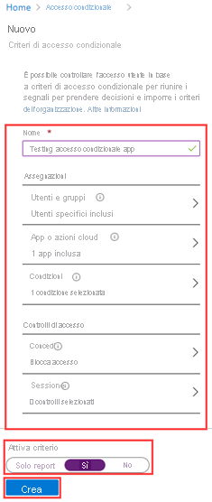 Screenshot di un nuovo criterio di accesso condizionale con i controlli di abilitazione e creazione evidenziati.