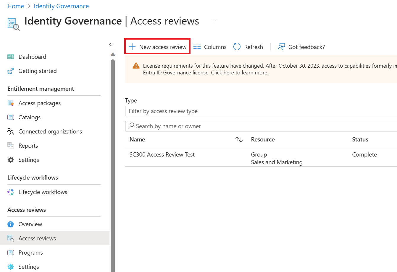 Screenshot of the Access reviews pane in Identity Governance.