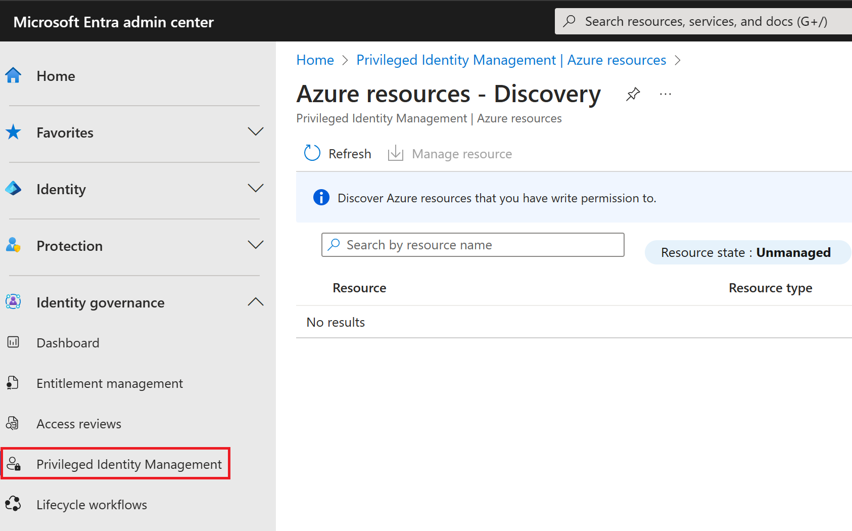 Screenshot of the Azure resources page of the Privileged Identity Management.