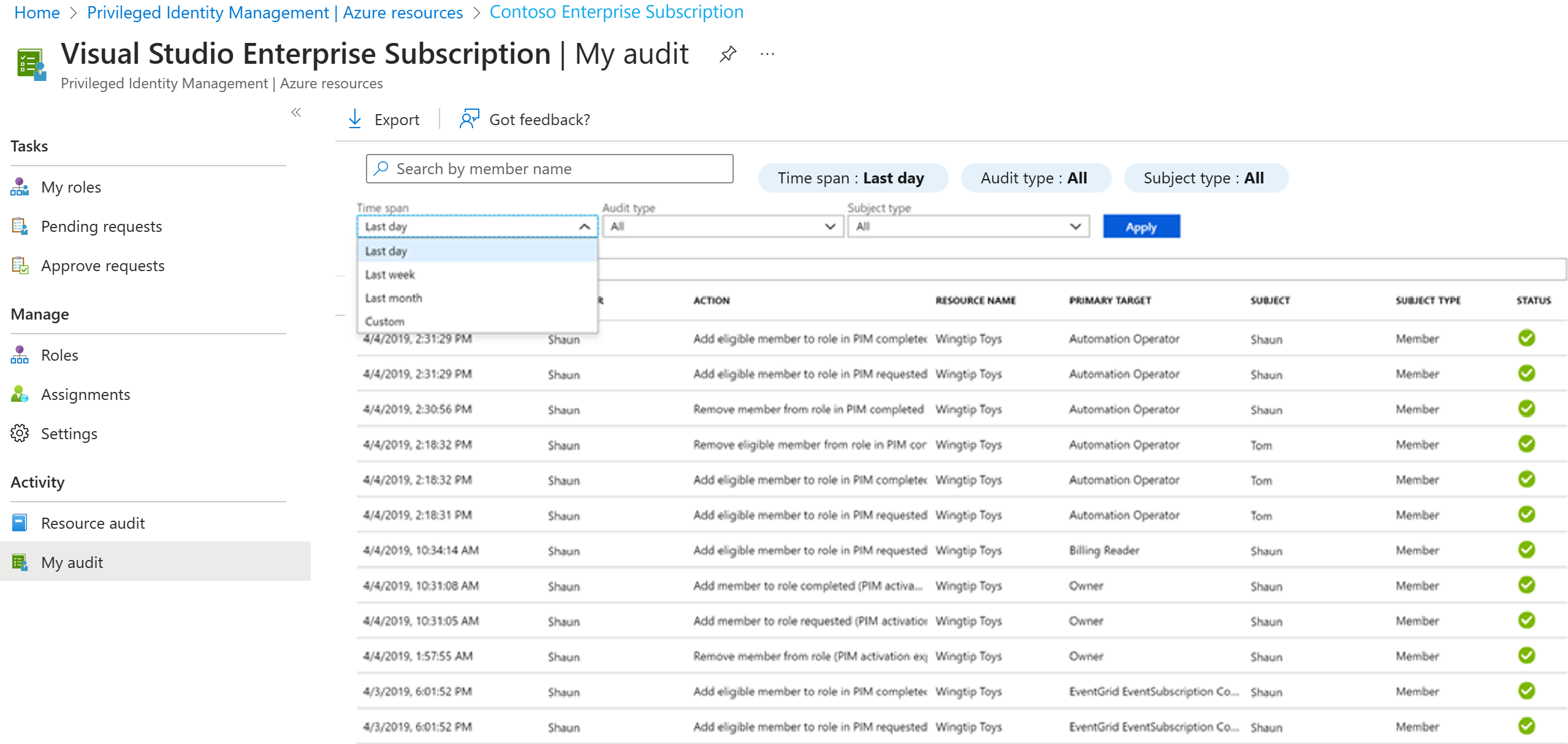 Screenshot of the Audit list for the current user. Review the history to see the activity.