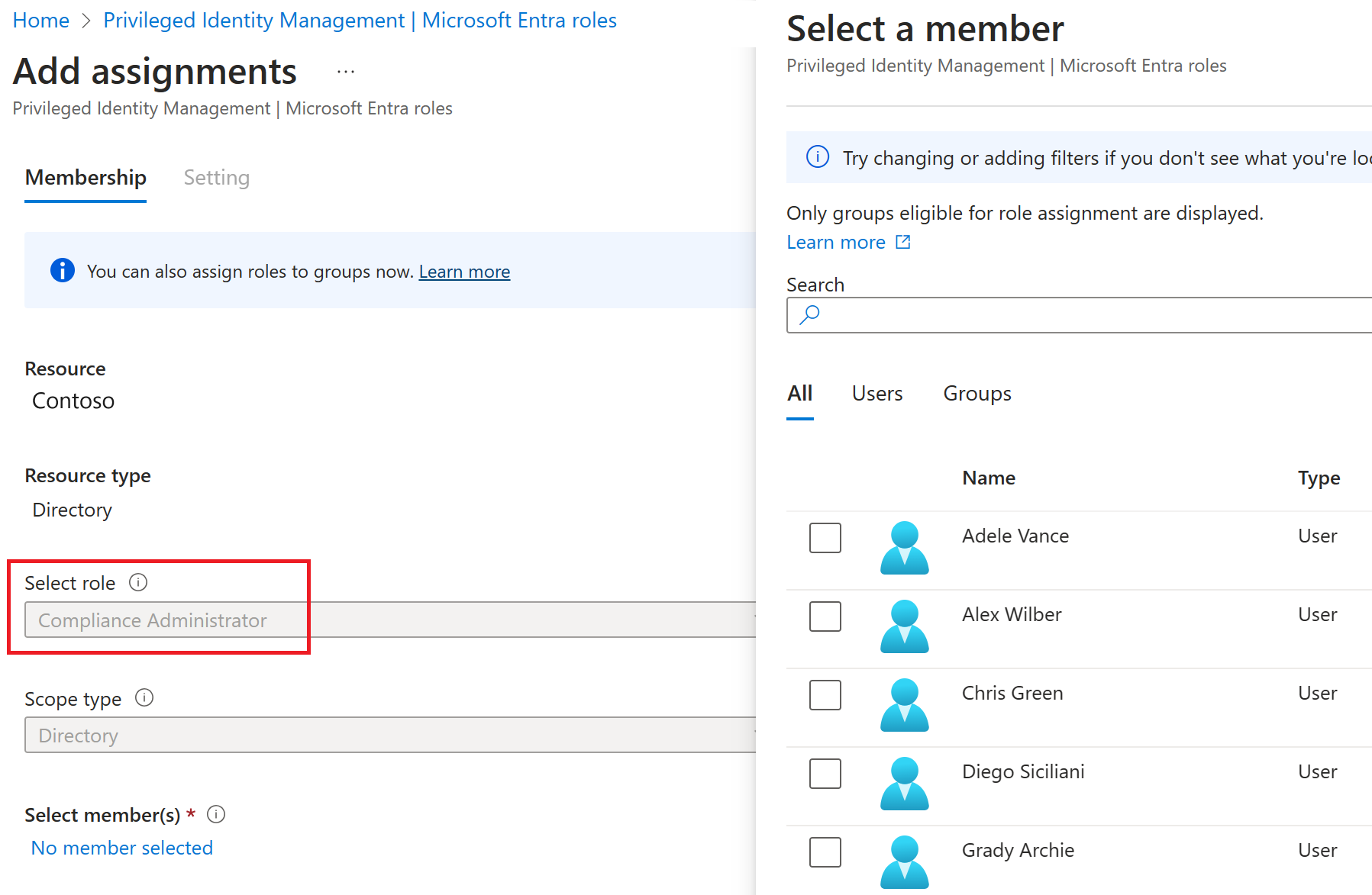 Screenshot of the select a member pane with a selected member highlighted.