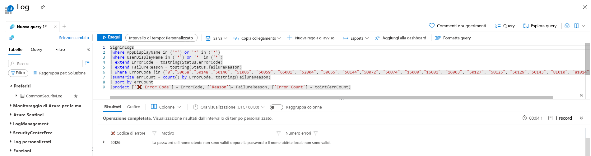 Screenshot di Esplora dati.