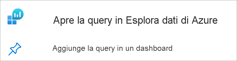 Screenshot dei collegamenti che possono aprire la query in Esplora dati di Azure o aggiungere la query in un dashboard.