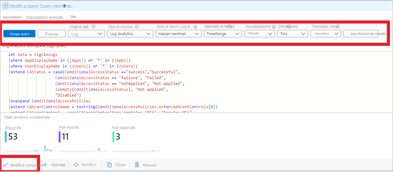 Screenshot del passaggio Visualizzazione query con il pulsante Modifica completata evidenziata.