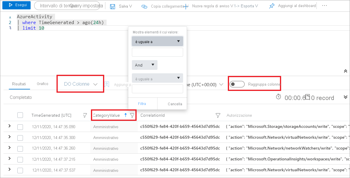 Screenshot dei risultati della query con gli elementi precedenti evidenziati.
