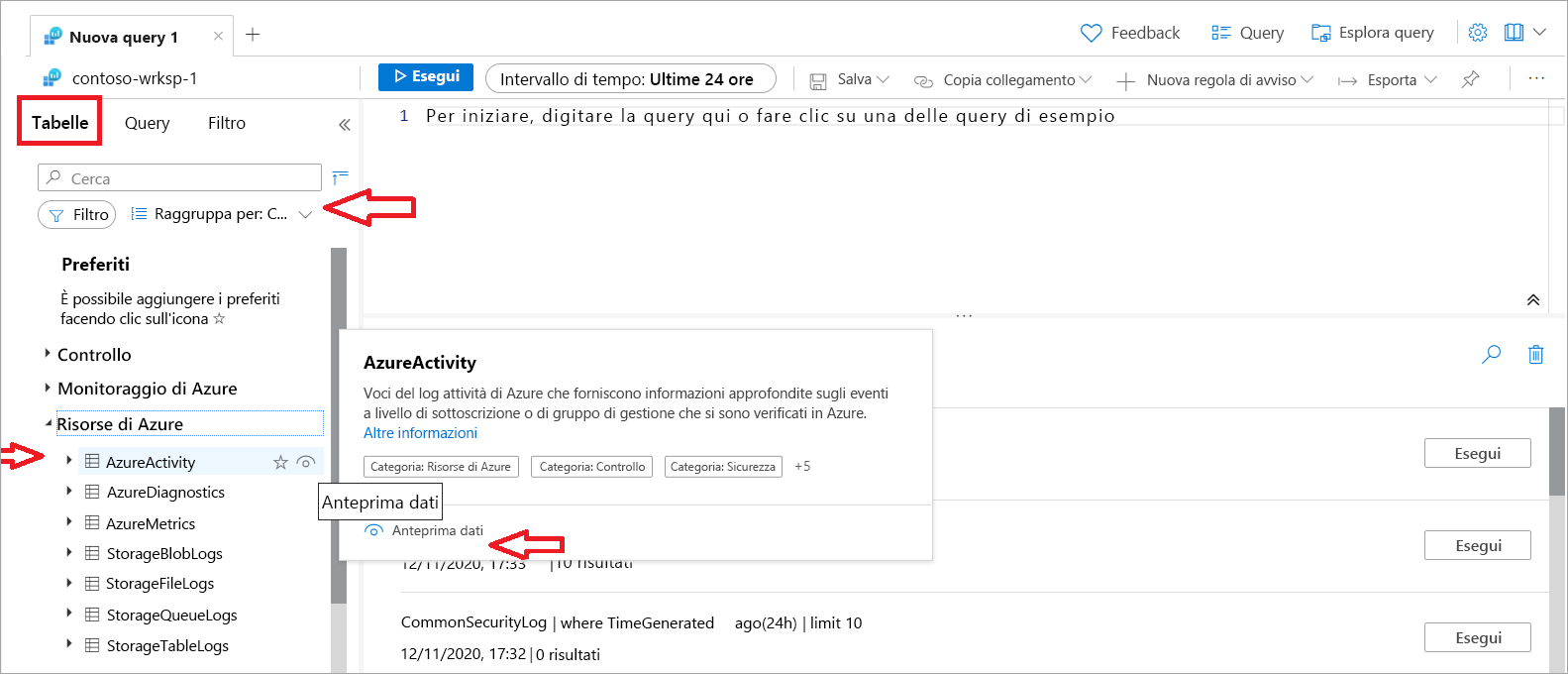 Screenshot del riquadro Tabelle.