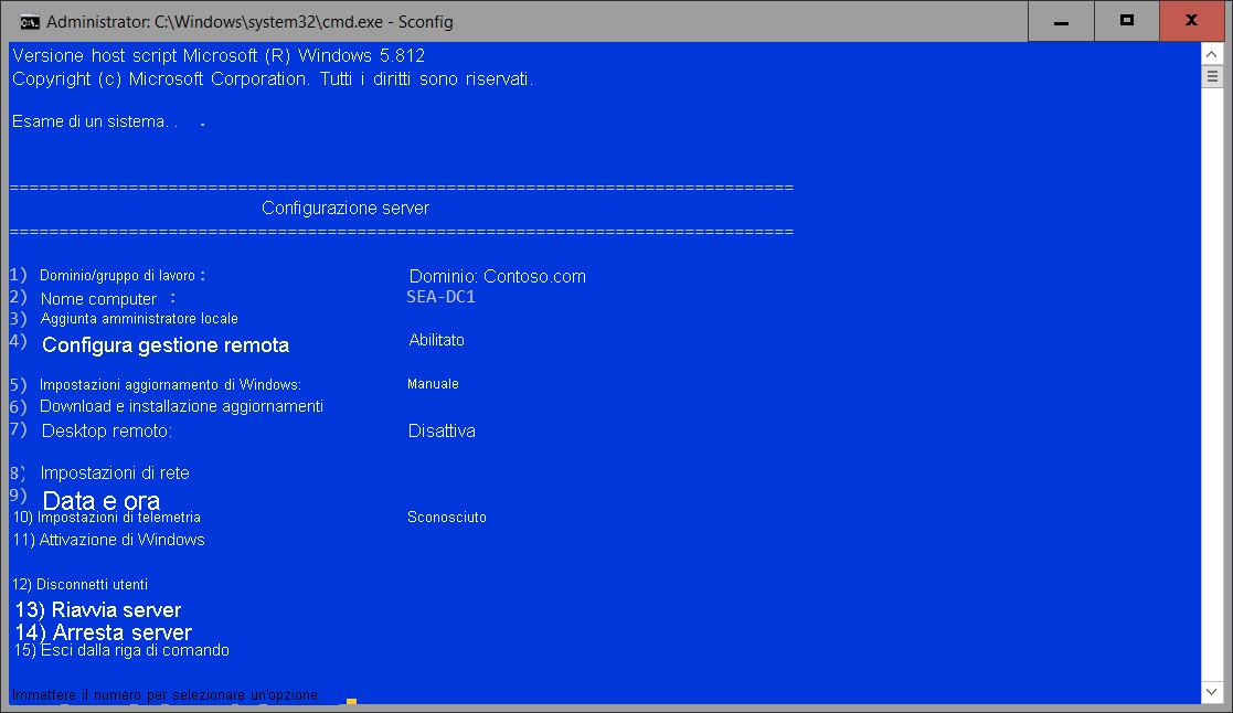 A screenshot of Sconfig in an elevated Command Prompt window.