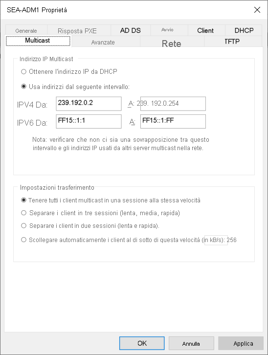 A screenshot of SEA-ADM1 Properties dialog box in Windows Deployment Services. The administrator has selected the Multicast tab, and a specified range of IPv4 and IPv6 addresses is selected.