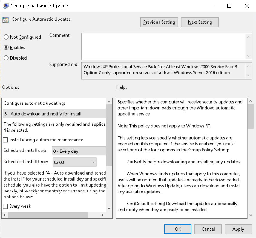 A screenshot of the Configure Automatic Updates dialog box in the Group Policy Management Editor. The setting is enabled. Other values are displayed.