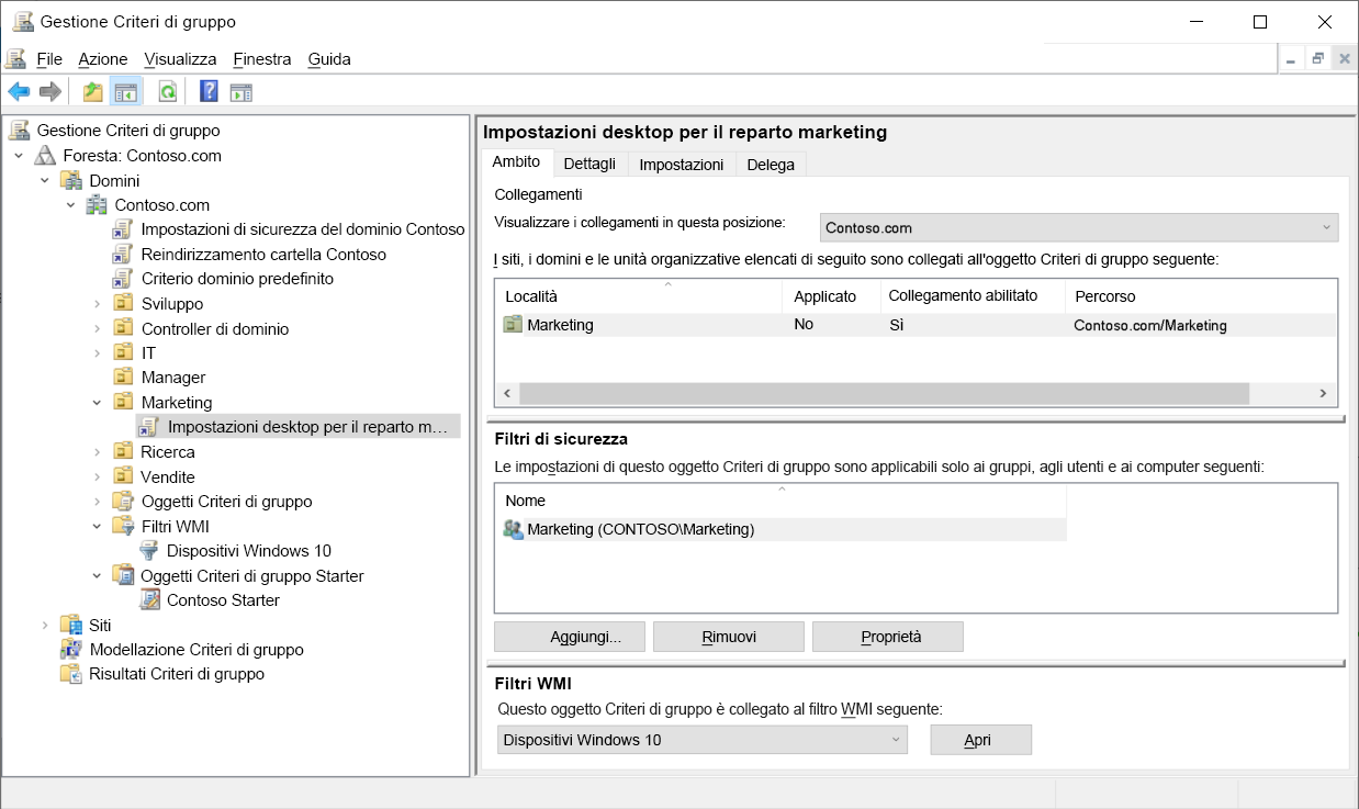 Screenshot della console Gestione Criteri di gruppo. L'amministratore ha selezionato un oggetto Criteri di gruppo collegato all'unità organizzativa marketing. Visualizzato nel riquadro dei dettagli sono un filtro WMI denominato Dispositivi Windows 10 e un filtro di sicurezza impostato sul gruppo Marketing.
