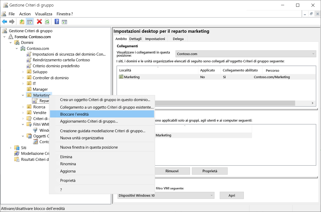 Screenshot del menu di scelta rapida per l'unità organizzativa Marketing nella console Gestione Criteri di gruppo. L'amministratore ha selezionato Blocca ereditarietà.