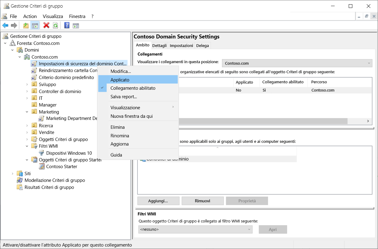 Screenshot del menu di scelta rapida per l'oggetto Criteri di gruppo Impostazioni di sicurezza del dominio Contoso nella console Gestione Criteri di gruppo. L'amministratore ha selezionato Imponi.