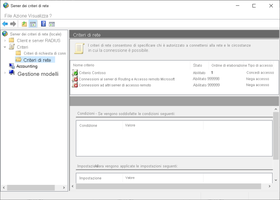Screenshot della finestra di dialogo Server dei criteri di rete. L'amministratore ha creato criteri denominati Contoso Policy. Sono visibili anche i criteri predefiniti.
