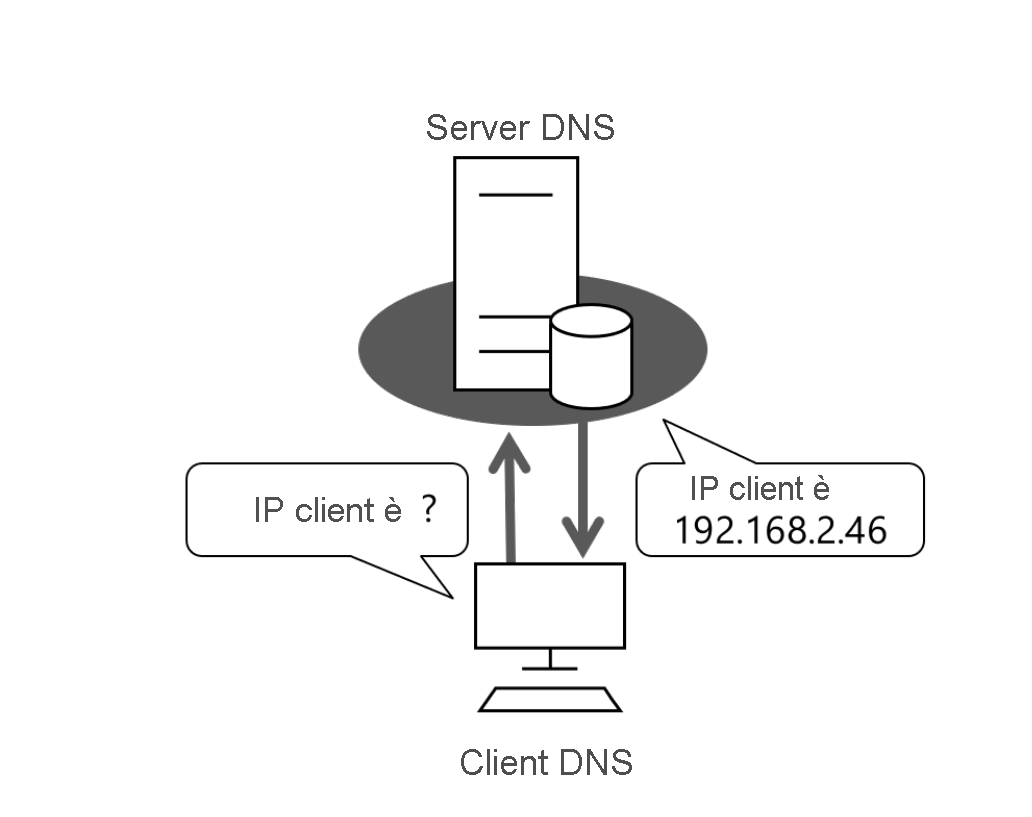 Diagramma di un client DNS che invia al server DNS configurato una richiesta semplice per la risoluzione di un nome in un indirizzo IP.