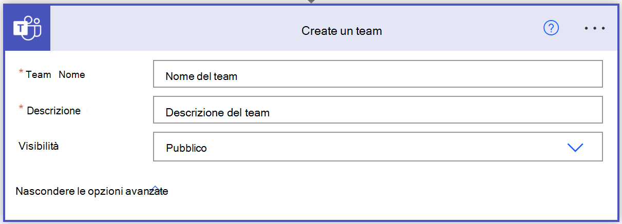 Screenshot della creazione di un'azione del team in Power Automate.