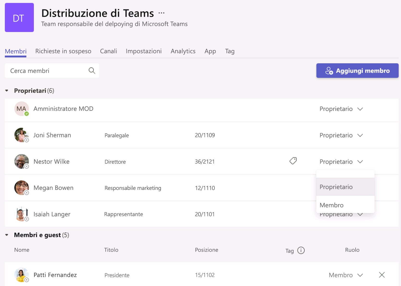  Screenshot della gestione degli utenti nel client di Teams.