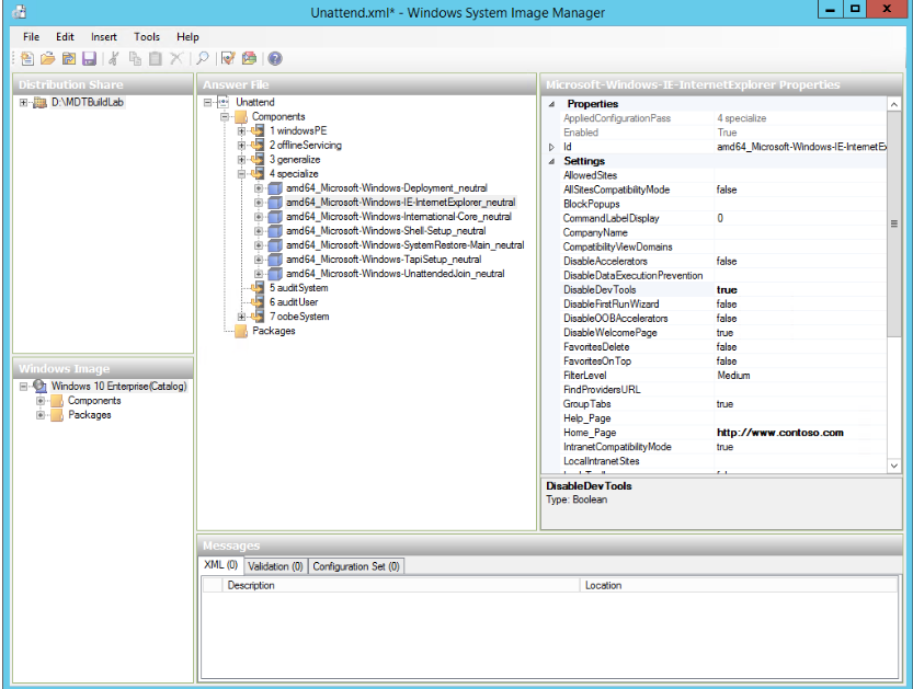 Screenshot di Windows System Image Manager.