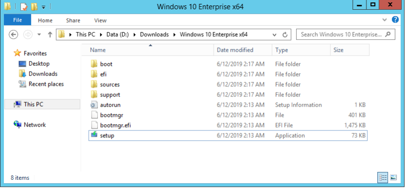 Screenshot della cartella radice di un'immagine di Windows 10 Enterprise.