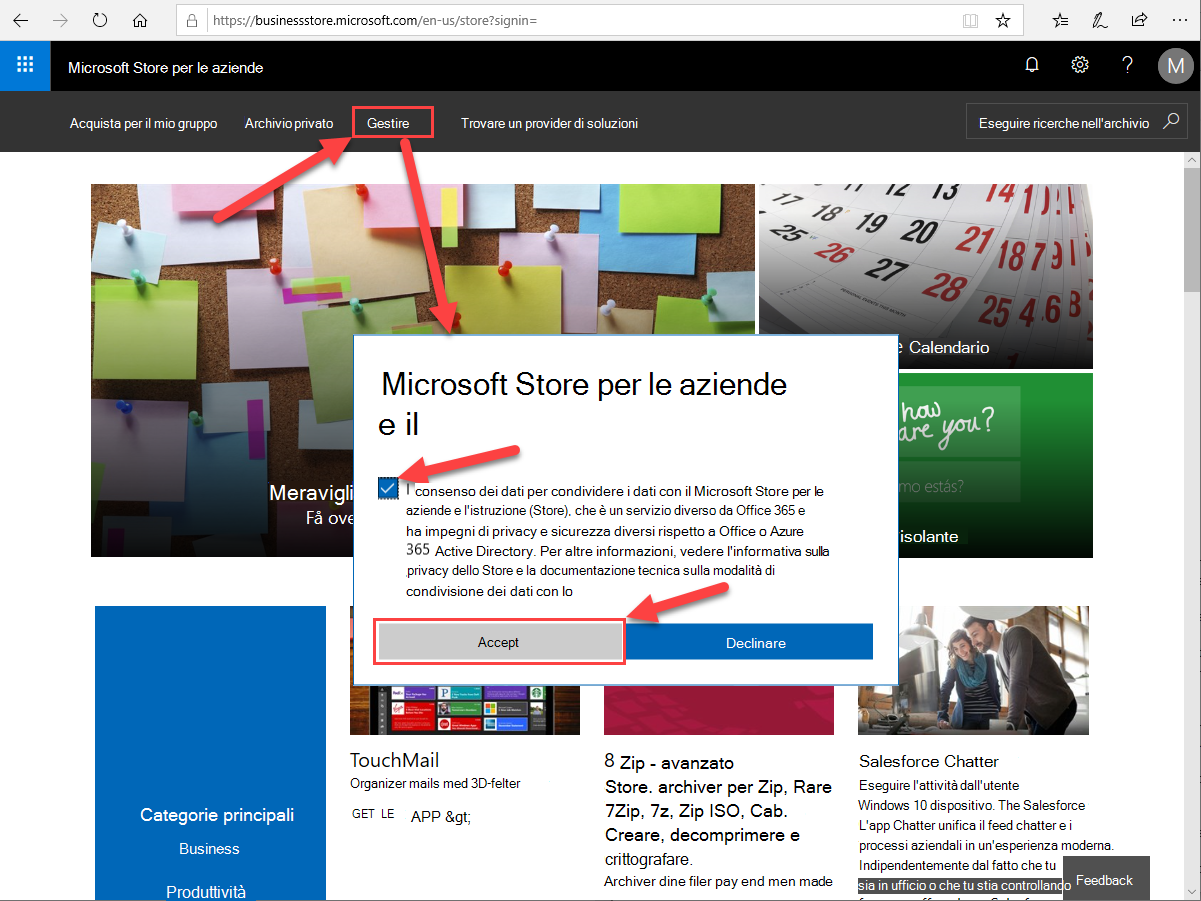Schermata di iscrizione per Microsoft Store per le aziende.