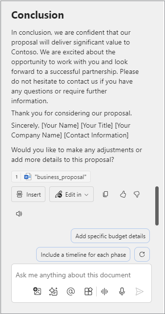 Screenshot del riquadro Copilot che visualizza la parte di conclusione della proposta, insieme alle opzioni Inserisci e Modifica nel contenuto.