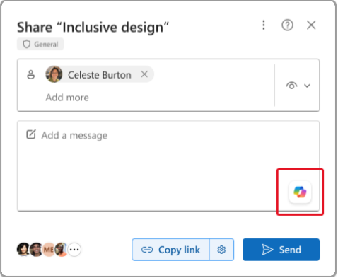 Screenshot della finestra di messaggio visualizzata in Word quando si condivide un documento. L'icona Copilot è nella finestra di messaggio.