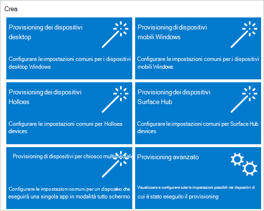Screenshot del dashboard W I C D, che mostra i pulsanti per creare un nuovo pacchetto di provisioning.