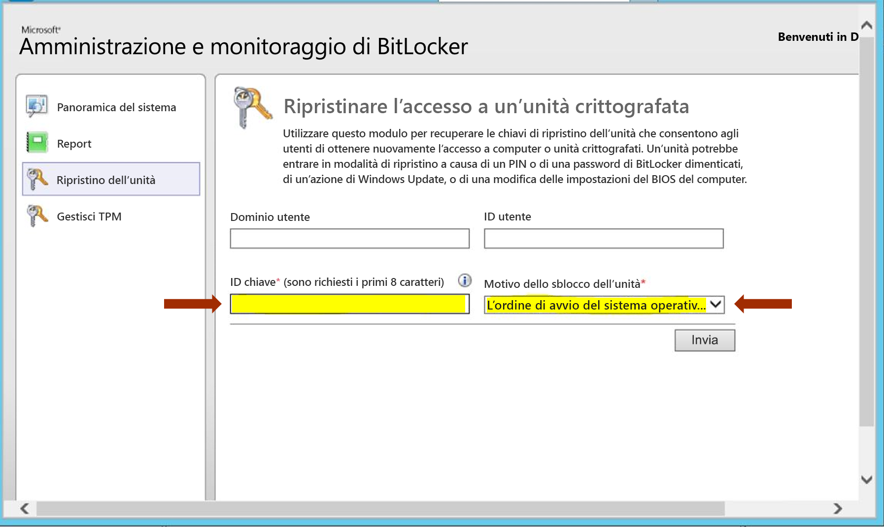 Screenshot di Microsoft MBAM che richiede l'ID chiave e il motivo per il ripristino dell'accesso a un'unità crittografata.