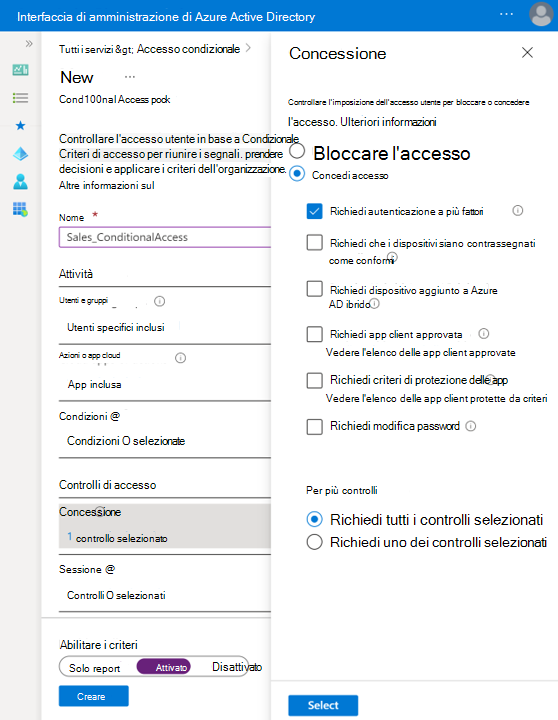 Screenshot della configurazione di M F A nei criteri di accesso condizionale.