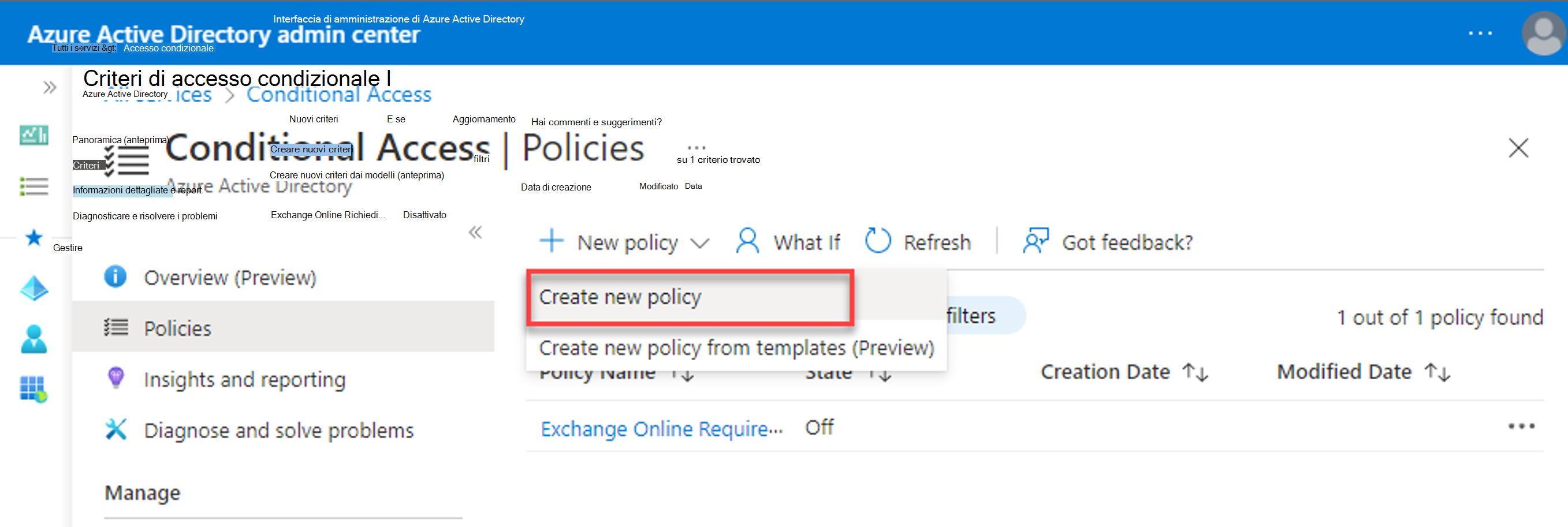 Screenshot della creazione di un nuovo criterio di accesso condizionale da Interfaccia di amministrazione di Microsoft Entra.