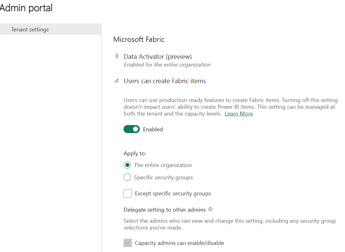 Screenshot of the Enable Fabric settings in the Fabric admin portal, with the option toggled to enabled for specific security groups.