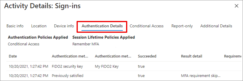 Screenshot of the sign-ins report with the Authentication Details tab highlighted.