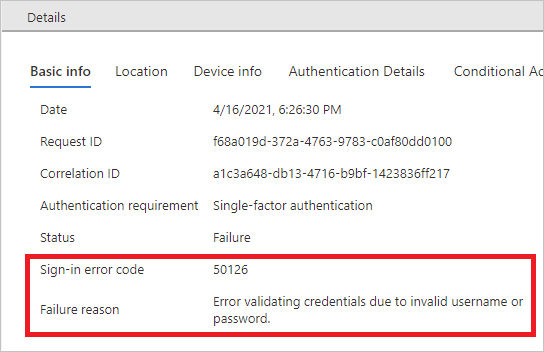 Screenshot of the Basic information section of the Details page for a sign-in error.