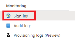 Screenshot of the Microsoft Entra admin center showing the sign-in log option highlighted.