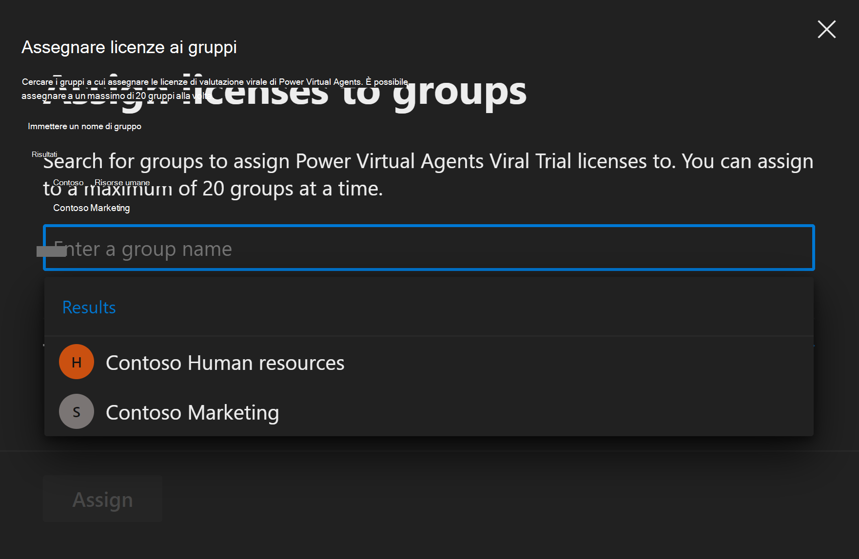 Screenshot del portale che consente agli utenti di scegliere il gruppo da usare per l'assegnazione delle licenze.