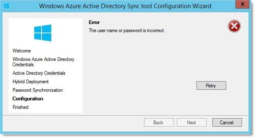 Il nome utente o la password non è corretto durante l'esecuzione della  Configurazione guidata strumento di sincronizzazione di Azure Active  Directory - Active Directory