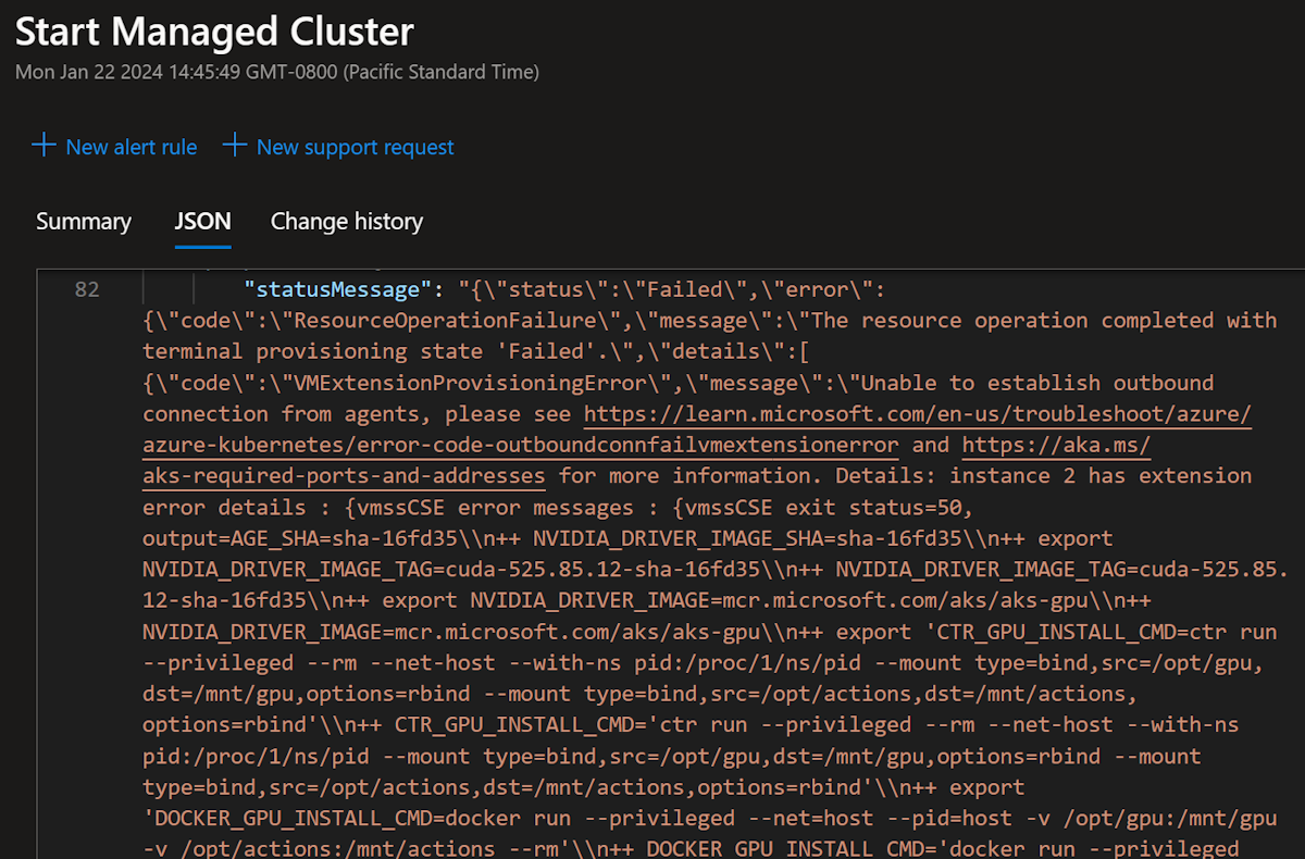 Screenshot di un riquadro lato sottooperazione di un log attività del cluster del servizio Azure Kubernetes che mostra il motivo per cui un'operazione di avvio non è riuscita.