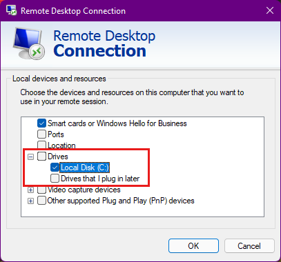 Screenshot di una nuova finestra di dialogo Connessione Desktop remoto che mostra l'elenco completo espanso di unità che è possibile scegliere di usare nella sessione remota.