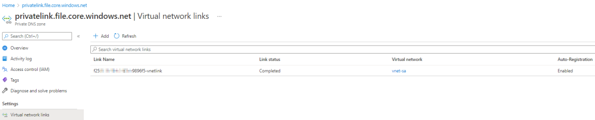 Screenshot che mostra un collegamento di rete virtuale aggiunto all'account di archiviazione.