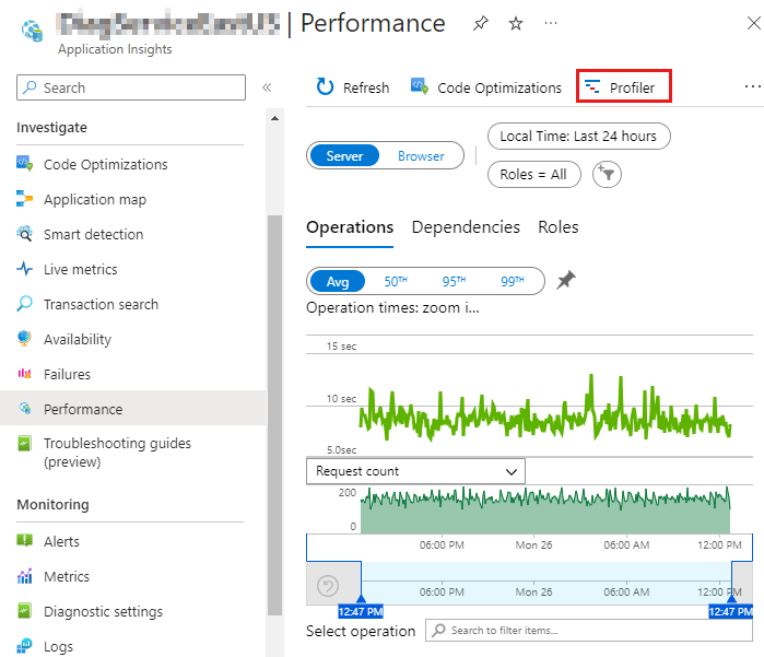 portale di Azure screenshot che mostra come passare a Application Insights Profiler.