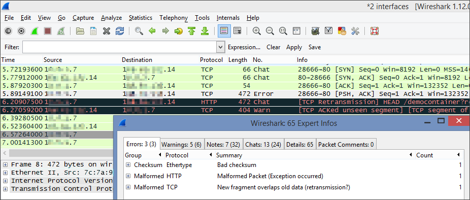 Screenshot che mostra la finestra Expert Info in cui è possibile visualizzare un riepilogo di errori e avvisi.
